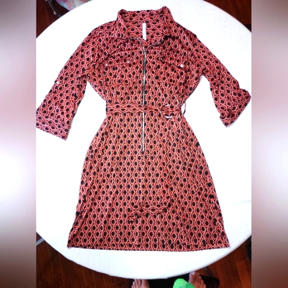 NY Collection Geometric Design Print Adjustable Sleeve Shirt Dress With Belt - Picture 1 of 7